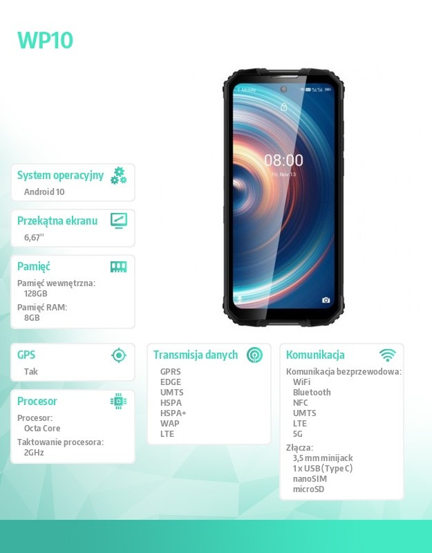Smartfon WP10 5G 8/128GB NFC 8000 mAh DS Czarny 
