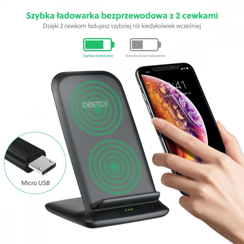 T555-F Black Ładowarka bezprzewodowa indukcyjna 15W Qi Fast Charge + ładowarka sieciowa Quick Charge 18W