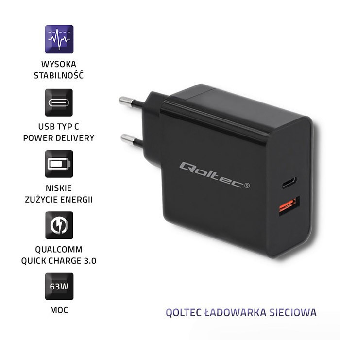 Ładowarka sieciowa | 63W | 5-20V | 1.5-3A | USB typ C PD |       USB QC 3.0 | Czarna 