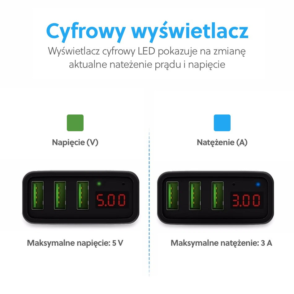 C0027 Black Ładowarka sieciowa LCD 3xUSB 3A 15W