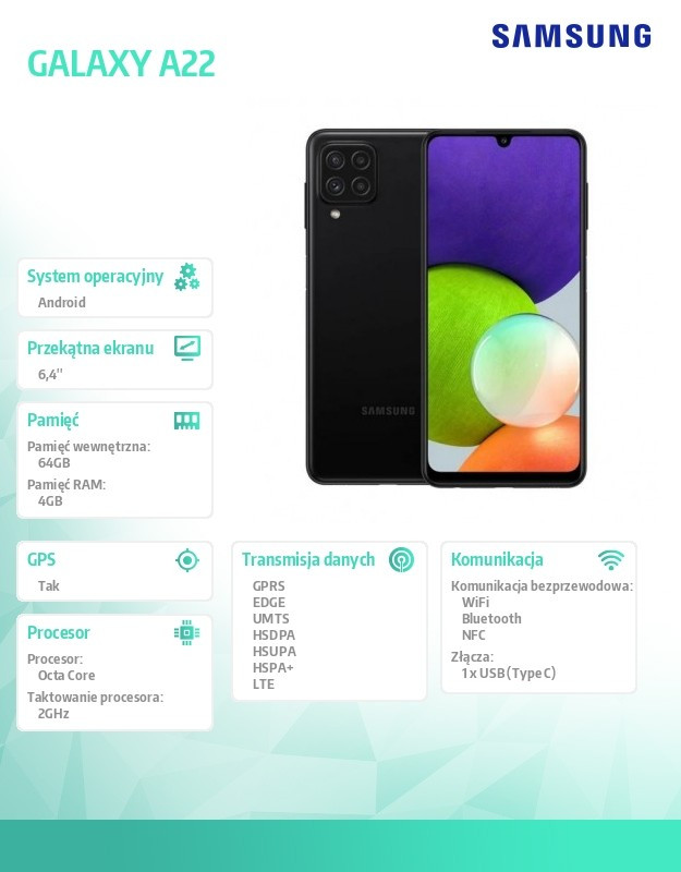 Smartfon GALAXY A22 Dual Sim LTE 4/64GB Czarny
