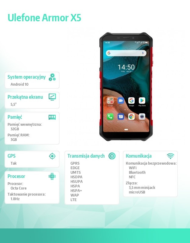 Smartfon Armor X5 LTE 3/32GB IP68/IP69K 5000mAh Dual SIM Czerwony 