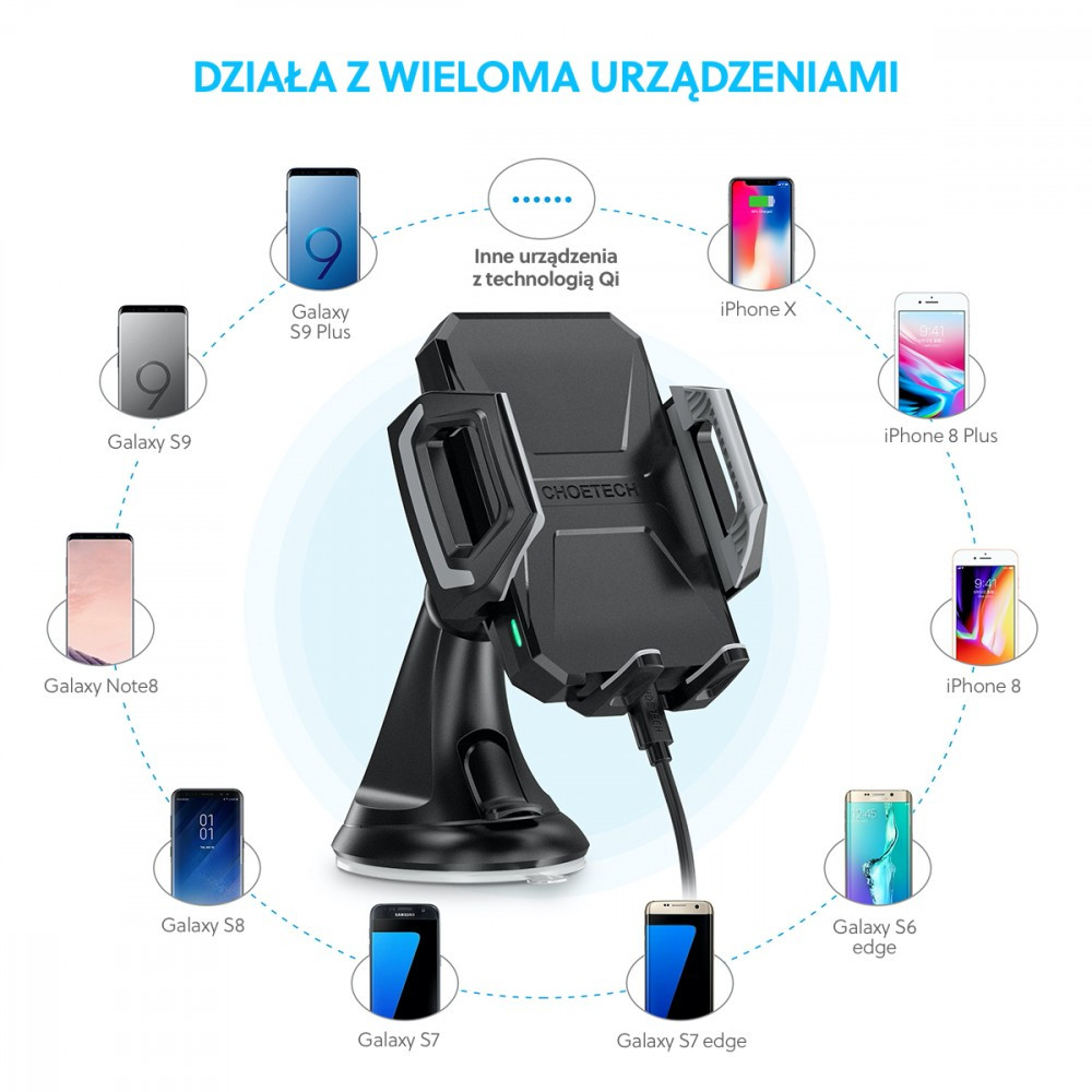 T521-S Black Uchwyt samochodowy / ładowarka bezprzewodowa 10W USB-C Qi