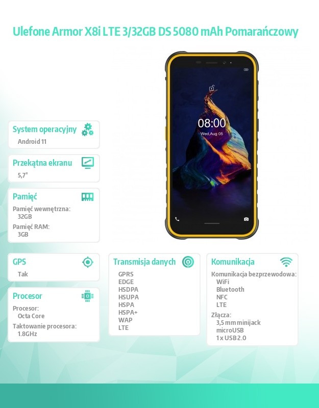 Smartfon Armor X8i LTE 3/32GB DS 5080 mAh Pomarańczowy 