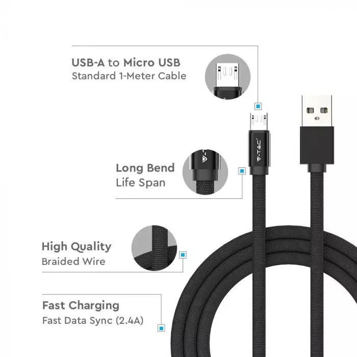Kabel USB M - microUSB M 1M 2.4A 