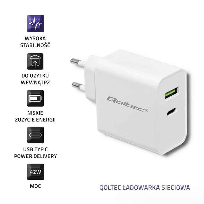 Ładowarka sieciowa | 45W | 5-20V | 2.4-3A | USB typ C PD | USB | Biała