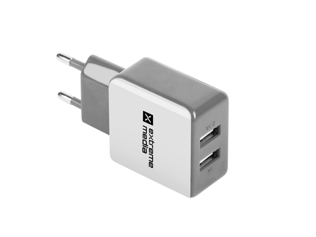 Uniwersalna ładowarka sieciowa 2xUSB 2.1A (BLISTER) EXTREME MEDIA biało-szara